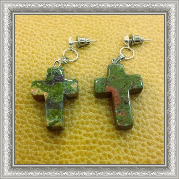 Unakite Cross Earrings Stainless Steel Posts - Picture 3 of 4